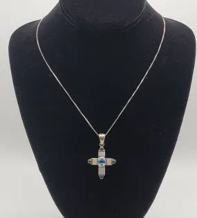 Blue Topaz, Mother of Pearl, Enamel Cross Pendant on Sterling Silver Chain Necklace - 18"