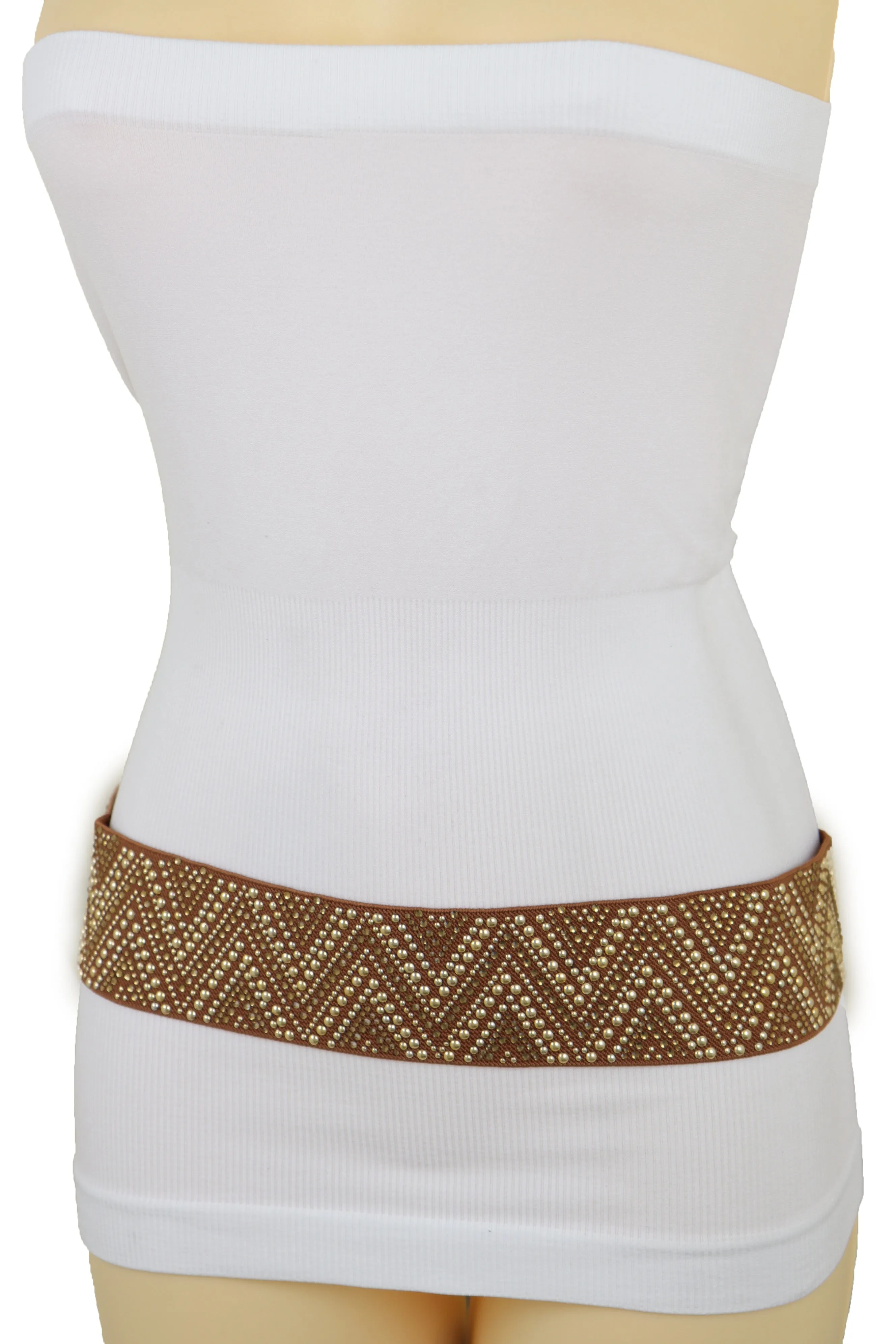 Brown Fashion Elastic Fabric Waistband Belt Gold Studs Hip High Waist S M