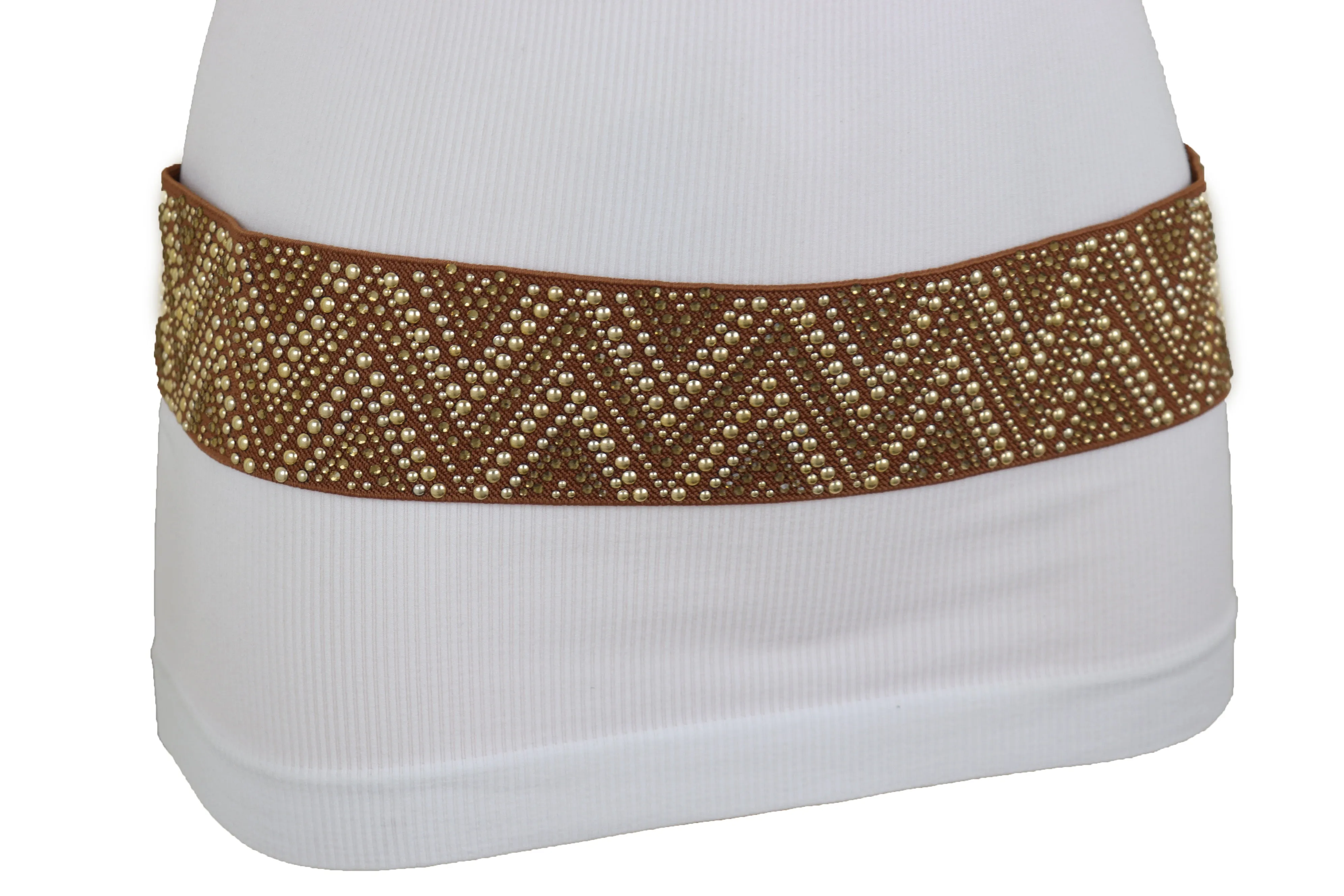 Brown Fashion Elastic Fabric Waistband Belt Gold Studs Hip High Waist S M