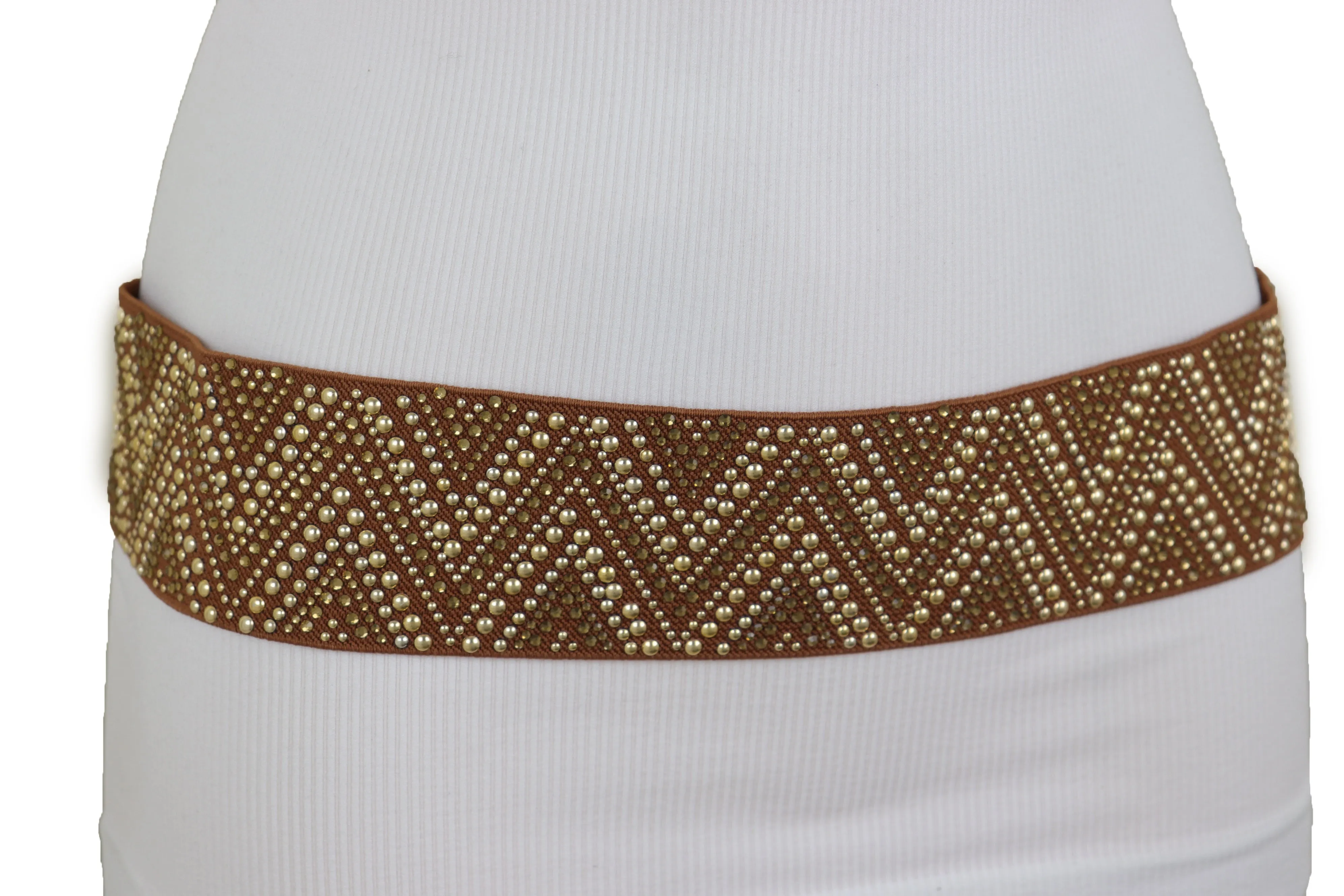 Brown Fashion Elastic Fabric Waistband Belt Gold Studs Hip High Waist S M