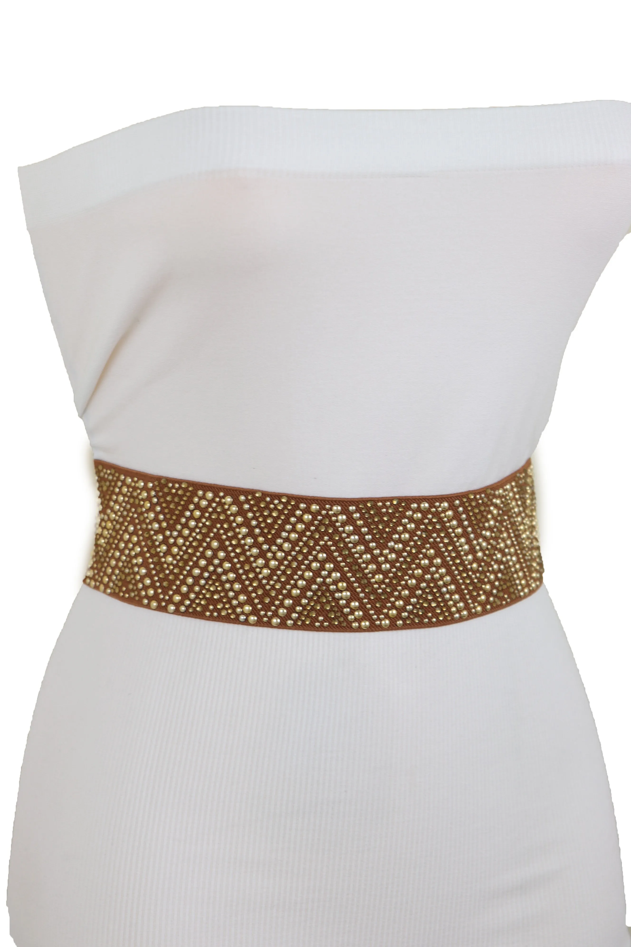 Brown Fashion Elastic Fabric Waistband Belt Gold Studs Hip High Waist S M