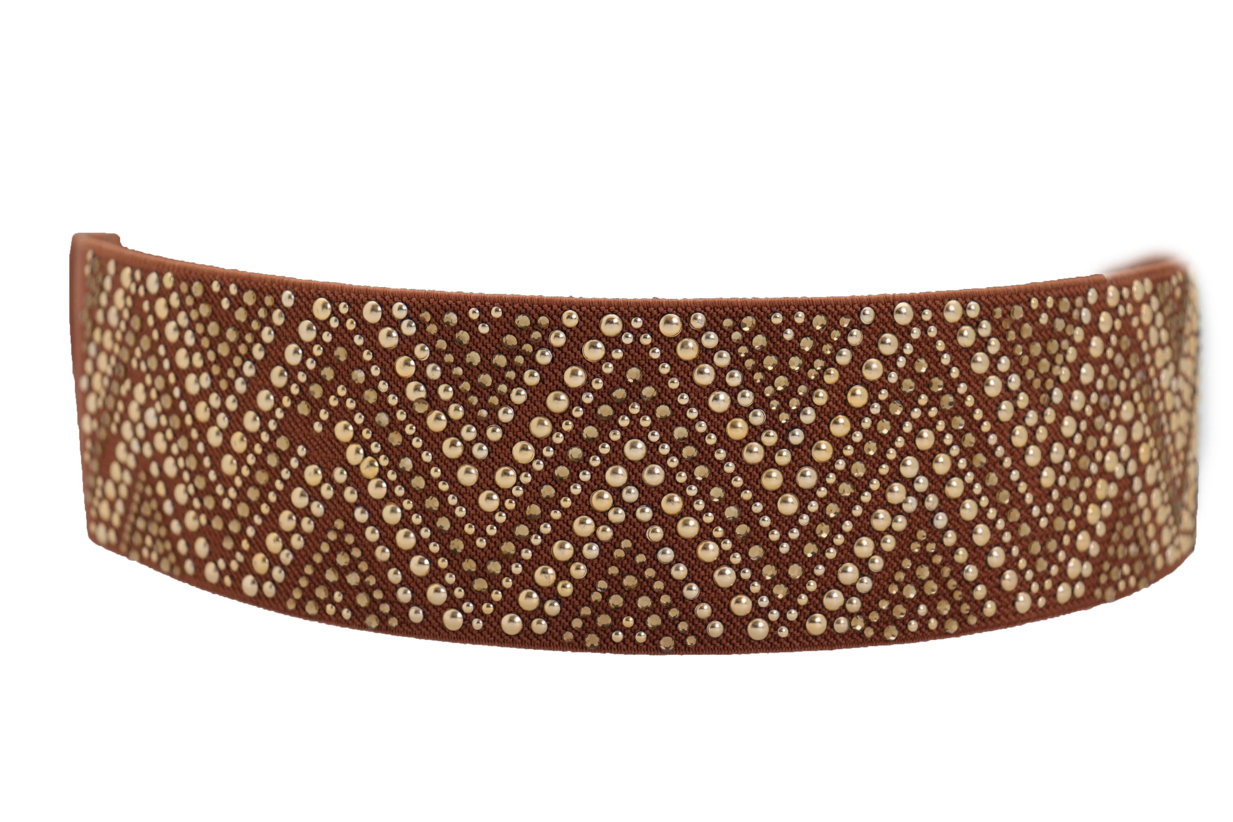 Brown Fashion Elastic Fabric Waistband Belt Gold Studs Hip High Waist S M