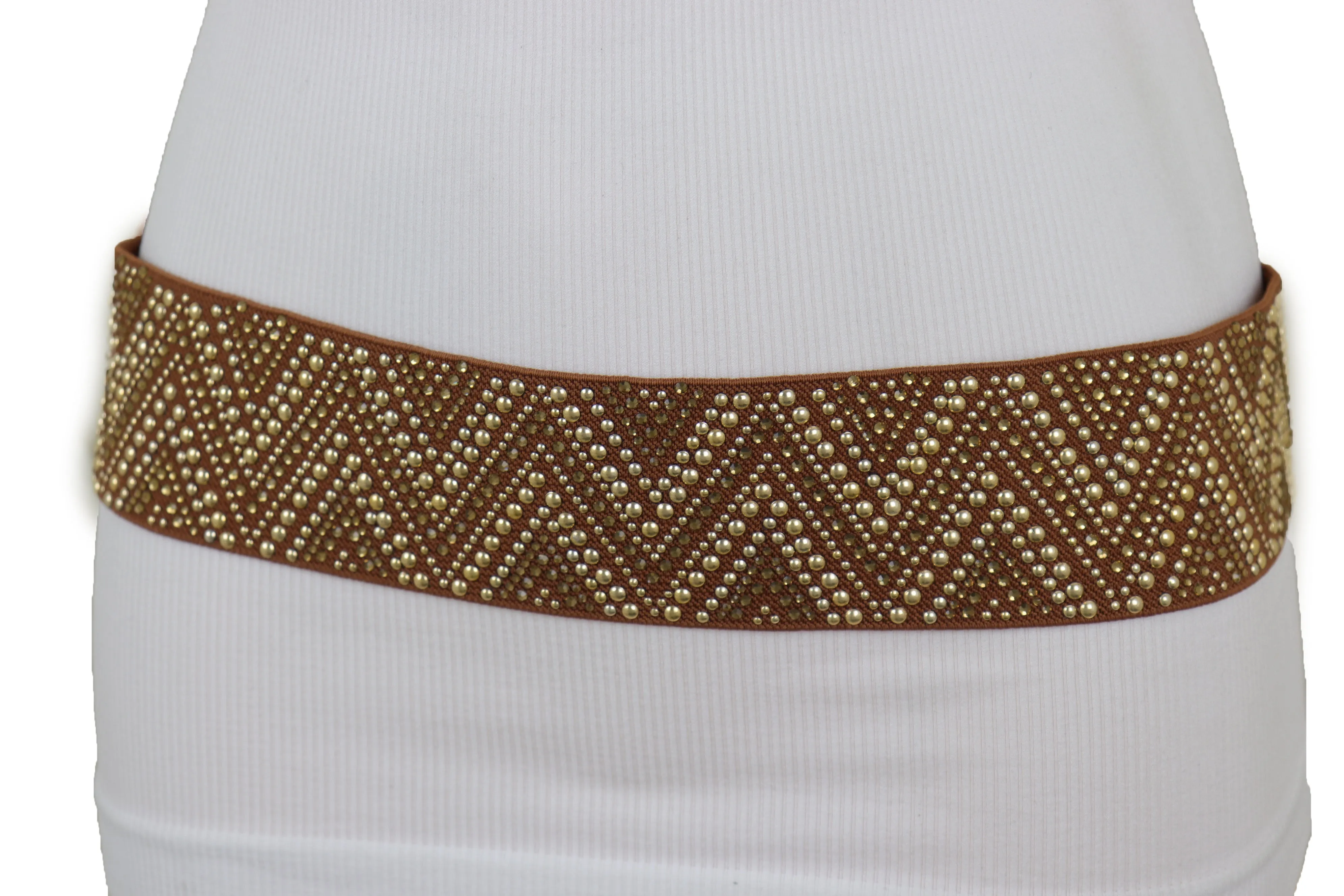 Brown Fashion Elastic Fabric Waistband Belt Gold Studs Hip High Waist S M