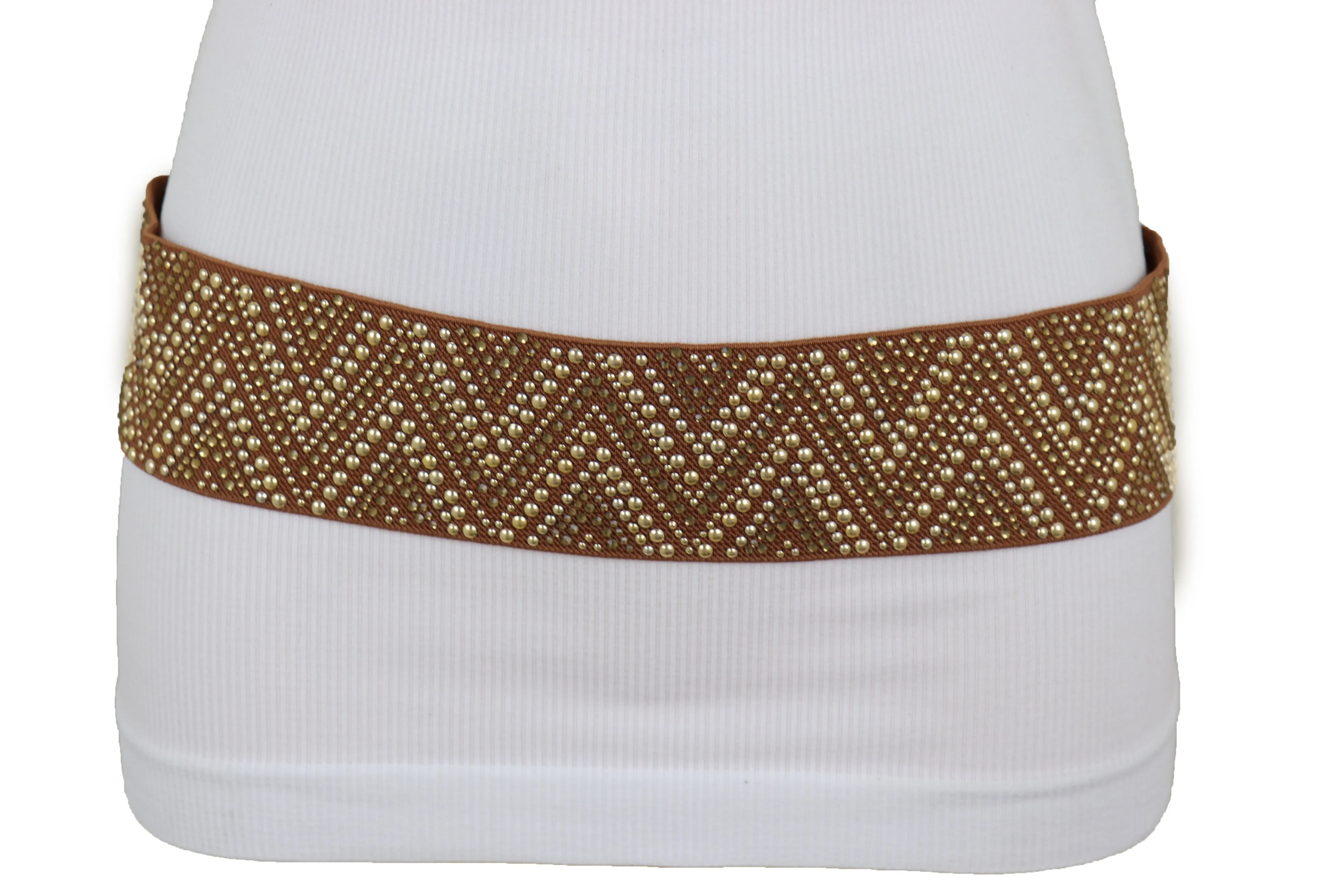 Brown Fashion Elastic Fabric Waistband Belt Gold Studs Hip High Waist S M