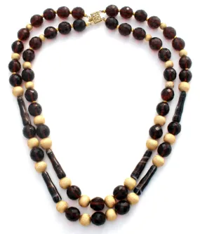 Brown Glass & Gold Bead Necklace Vintage