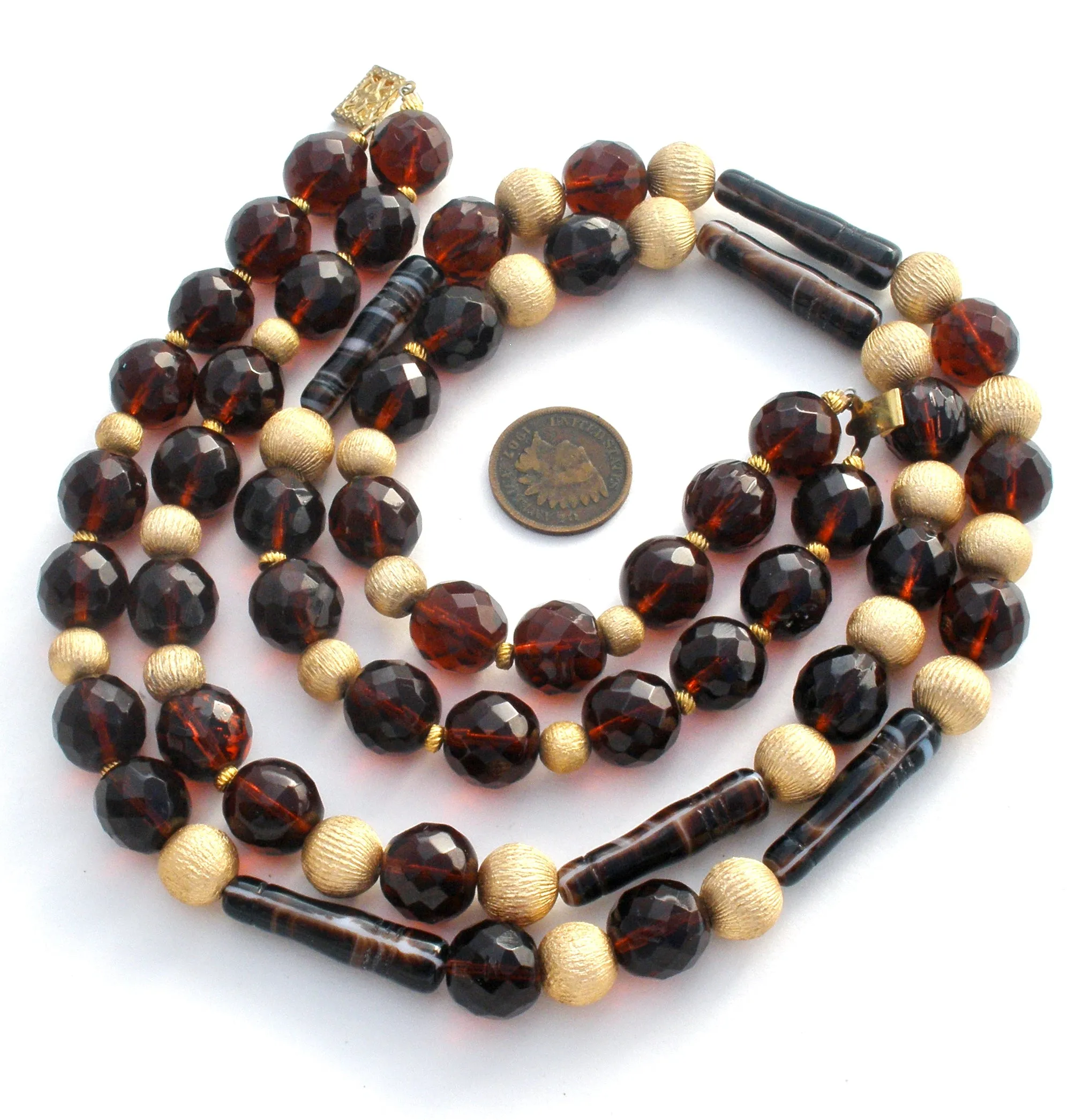 Brown Glass & Gold Bead Necklace Vintage