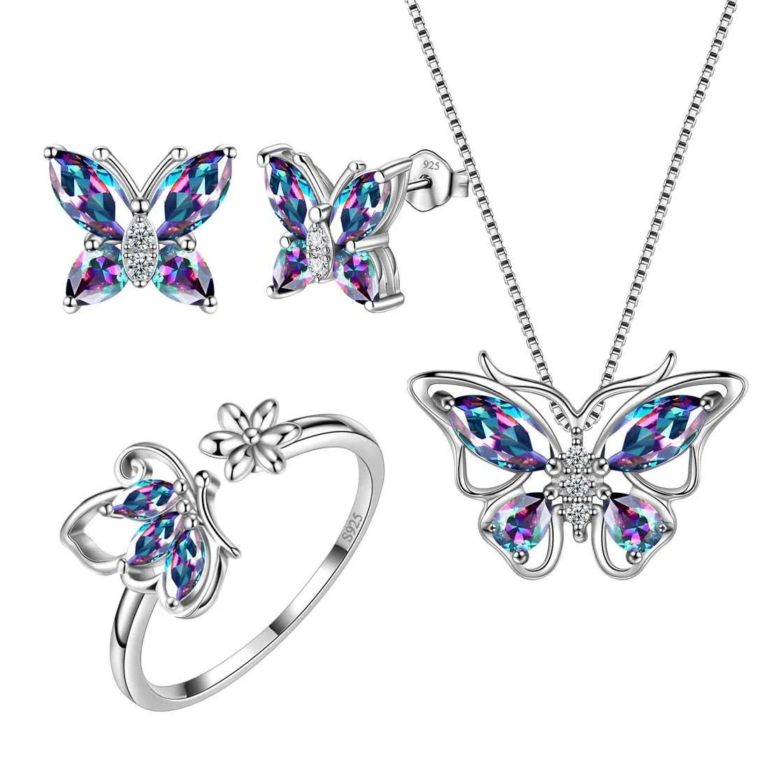 Butterfly Rainbow Mystic Topaz Jewelry Sets 4PCS Women Girls Gift Sterling Silver