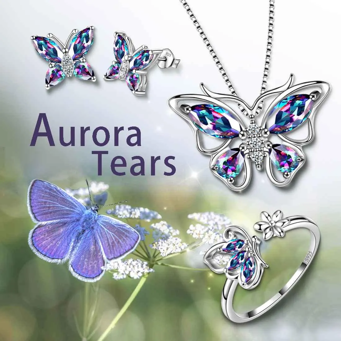 Butterfly Rainbow Mystic Topaz Jewelry Sets 4PCS Women Girls Gift Sterling Silver