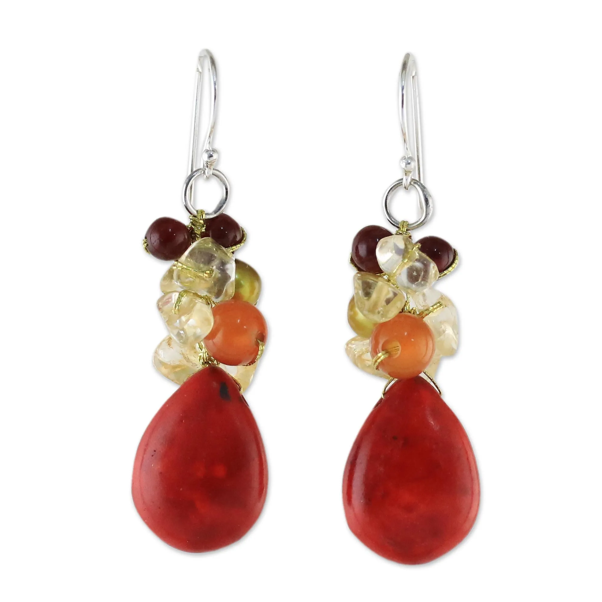 Camellia Drops Multi-Gemstone Red Calcite Dangle Earrings from Thailand