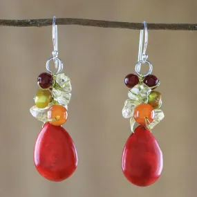 Camellia Drops Multi-Gemstone Red Calcite Dangle Earrings from Thailand