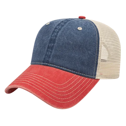 Cap America Custom Embroidered Hat with Logo - Washed Pigment Dyed Trucker Mesh Cap i3027