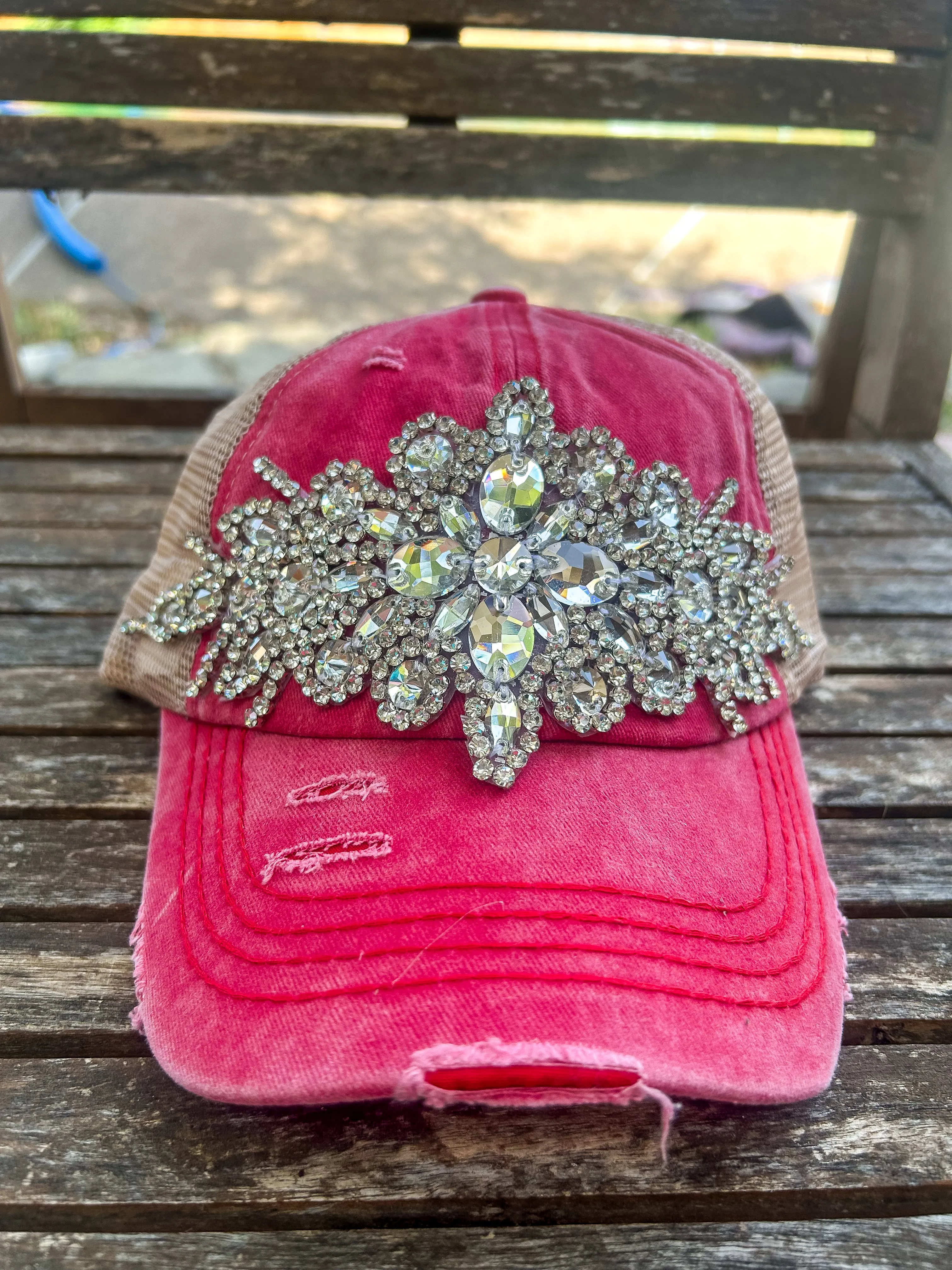 Cora Distressed Jeweled Detail Cap - Red