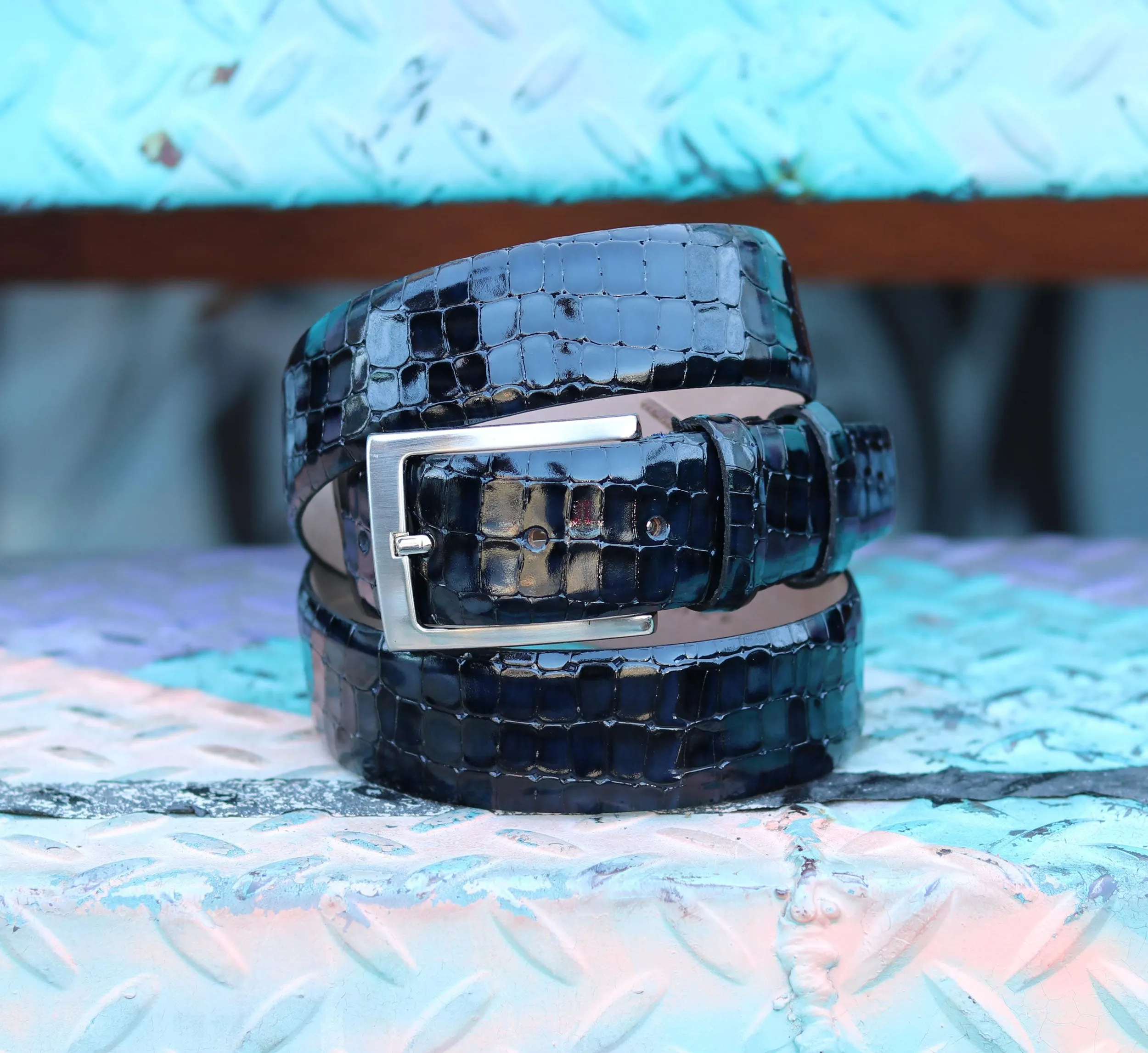 Corrente Crocodile Printed Calfskin Belt Navy