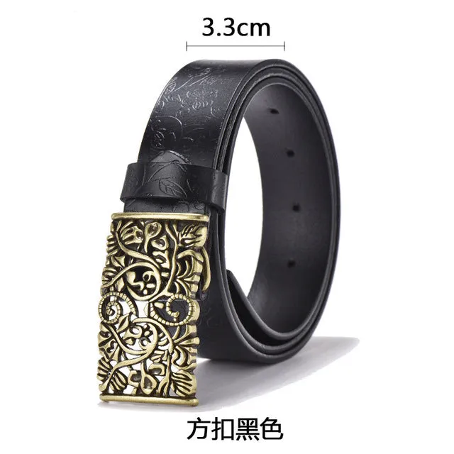 Cowhide Carved Flower Strap Genuine Leather Belt