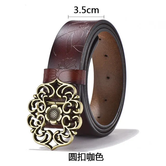 Cowhide Carved Flower Strap Genuine Leather Belt