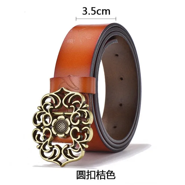 Cowhide Carved Flower Strap Genuine Leather Belt