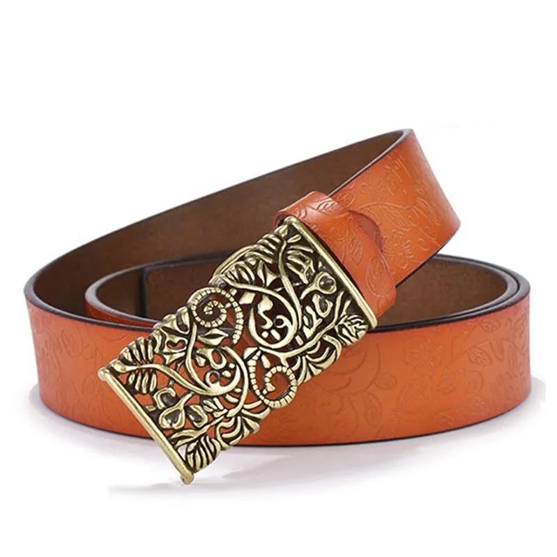 Cowhide Carved Flower Strap Genuine Leather Belt