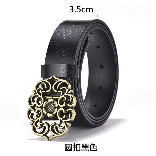 Cowhide Carved Flower Strap Genuine Leather Belt