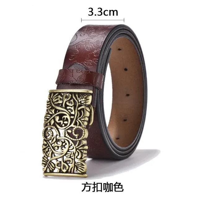 Cowhide Carved Flower Strap Genuine Leather Belt