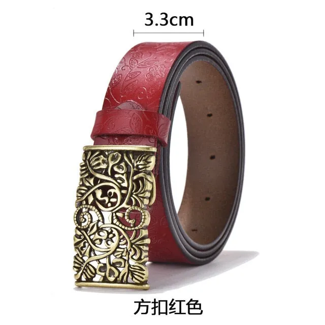 Cowhide Carved Flower Strap Genuine Leather Belt