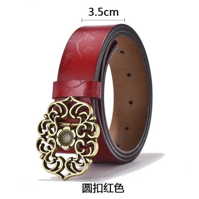 Cowhide Carved Flower Strap Genuine Leather Belt