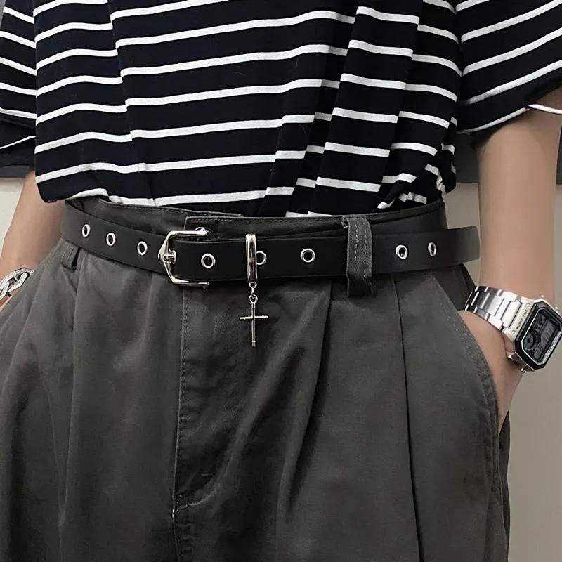 Cross Pendant Grunge Outfit Metal Holes Black Belt