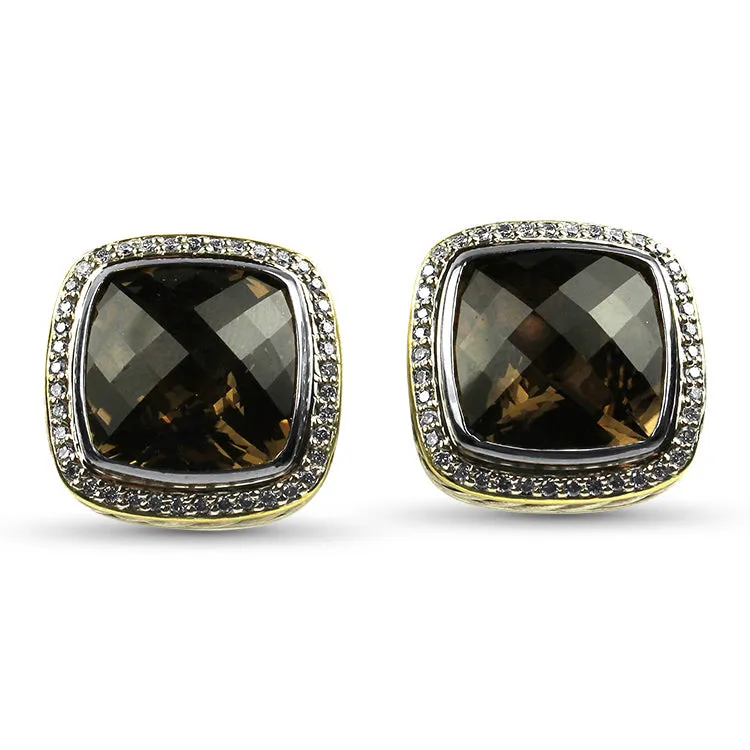 David Yurman Estate Sterling Silver and 18kt Yellow Gold Albion Smoky Quartz & Diamond Stud Earrings