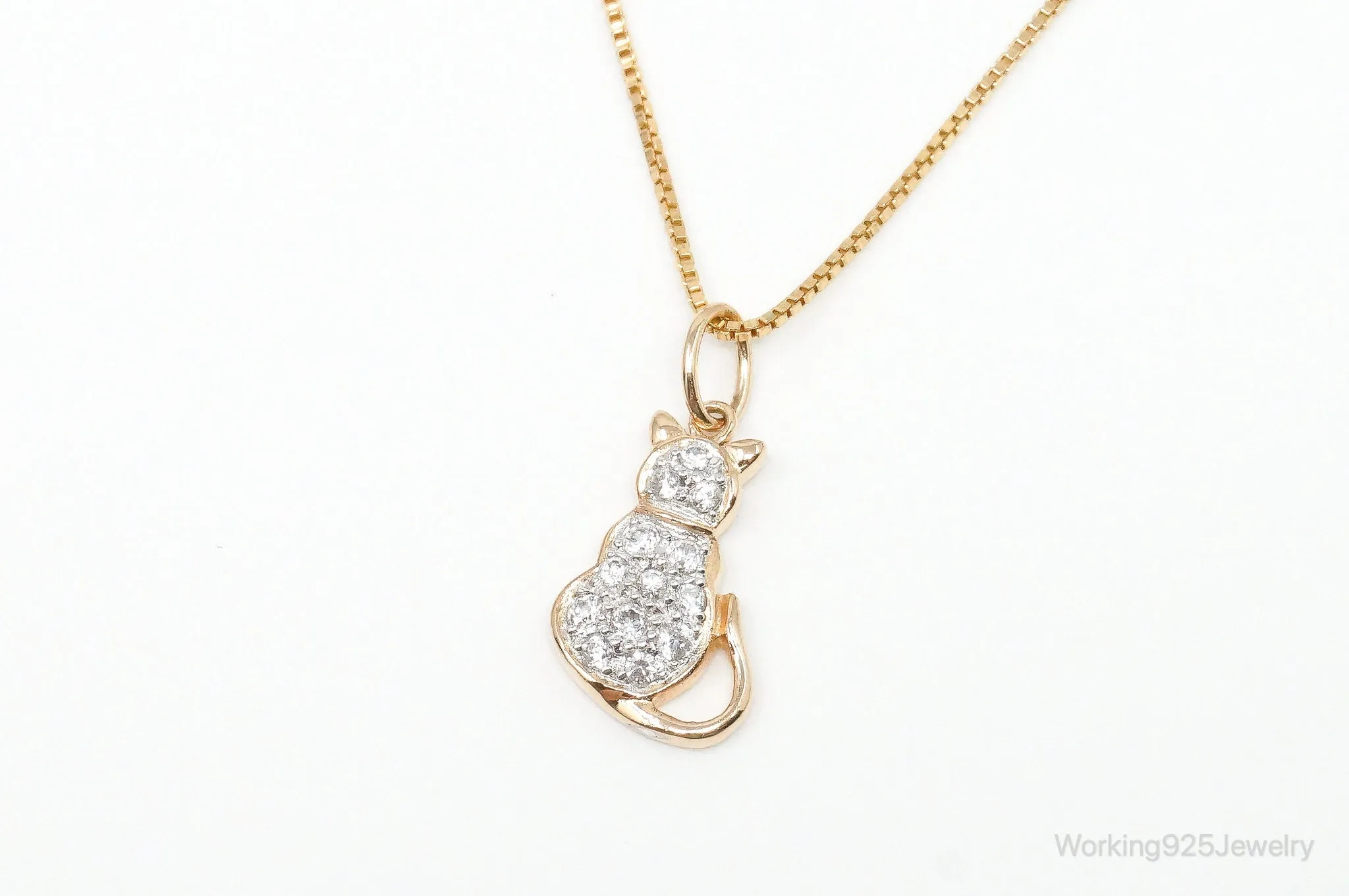 Designer Cubic Zirconia Gold Vermeil Cat Sterling Silver Necklace