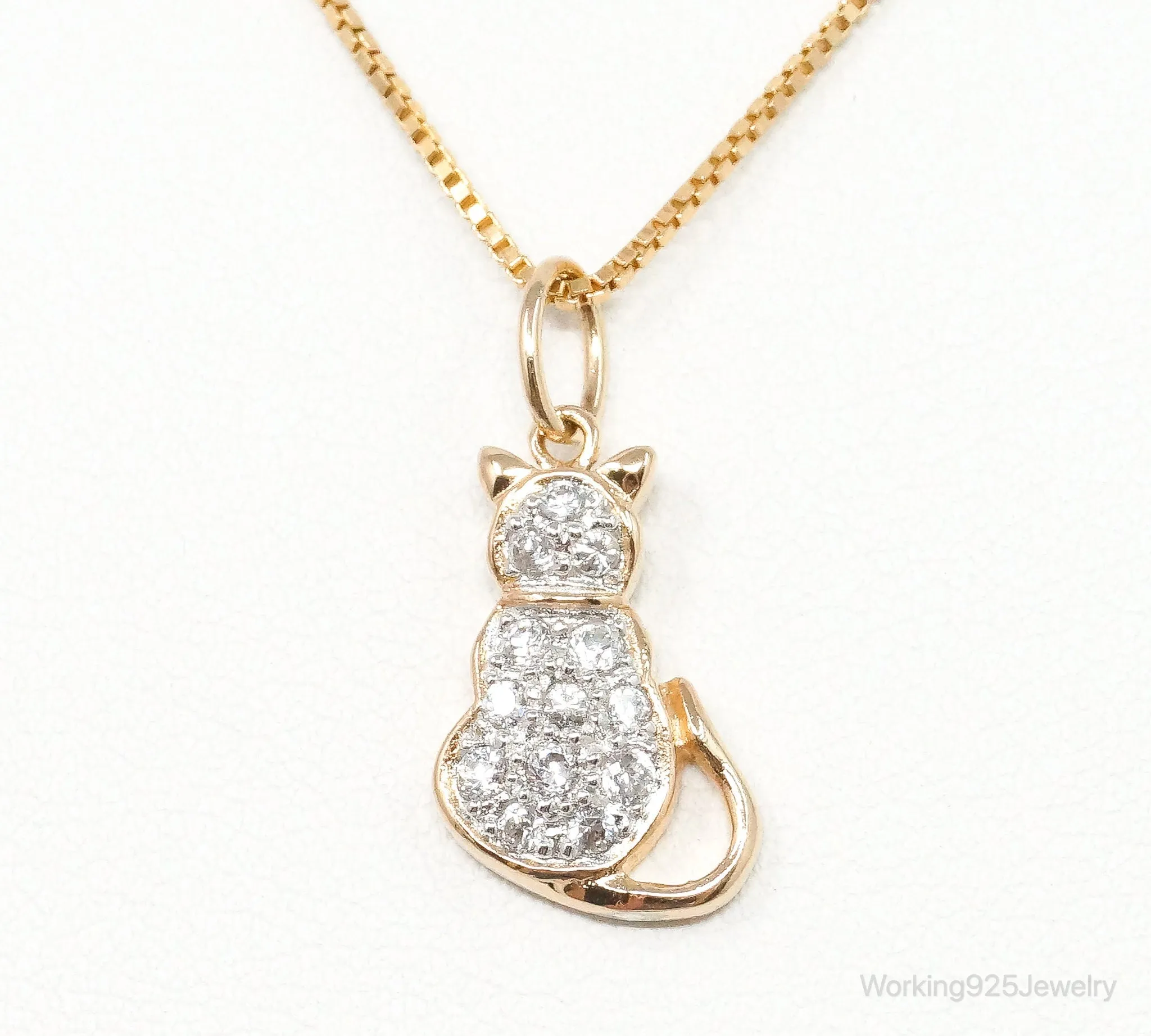 Designer Cubic Zirconia Gold Vermeil Cat Sterling Silver Necklace