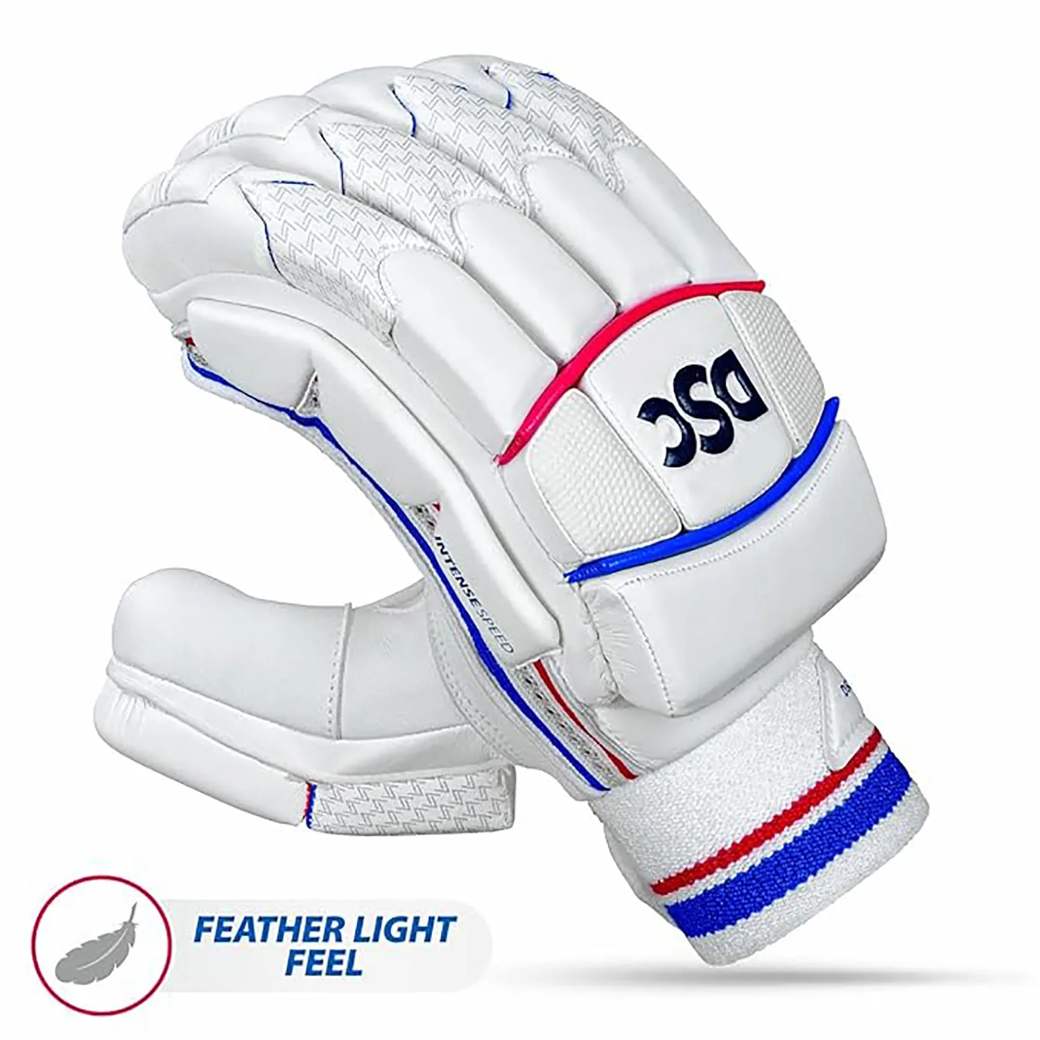 DSC Intense Speed Right-Hand Men’s Leather Cricket Batting Gloves – High Protection & Superior Grip(White/Red/Blue)