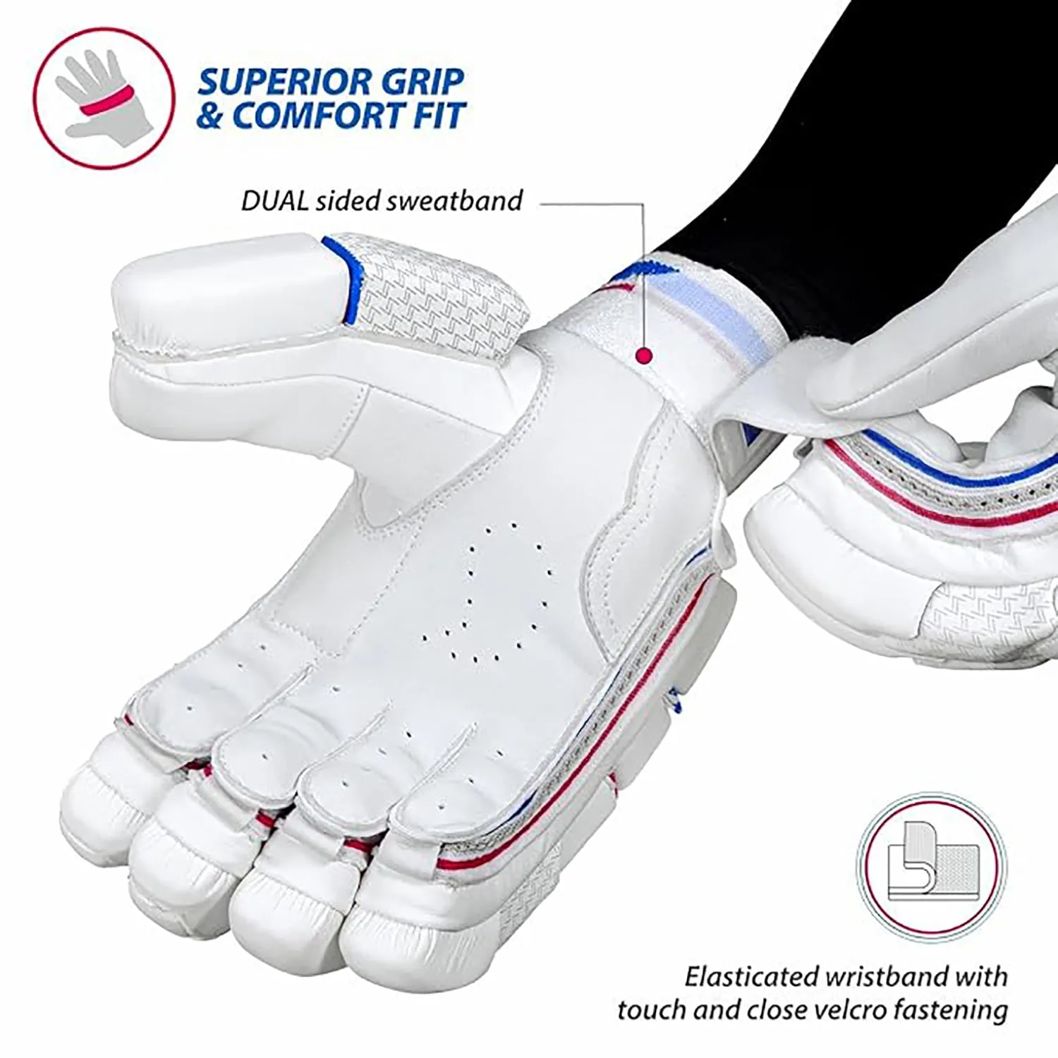 DSC Intense Speed Right-Hand Men’s Leather Cricket Batting Gloves – High Protection & Superior Grip(White/Red/Blue)