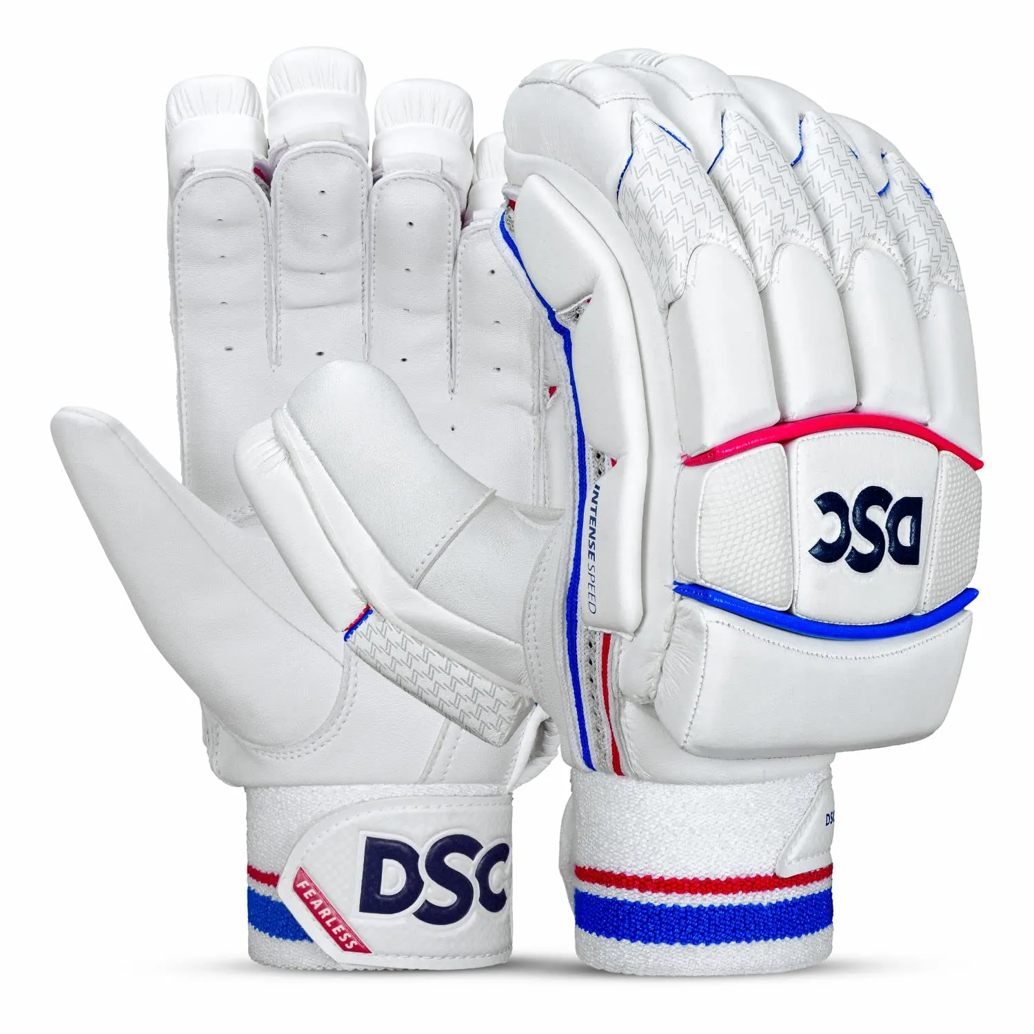 DSC Intense Speed Right-Hand Men’s Leather Cricket Batting Gloves – High Protection & Superior Grip(White/Red/Blue)