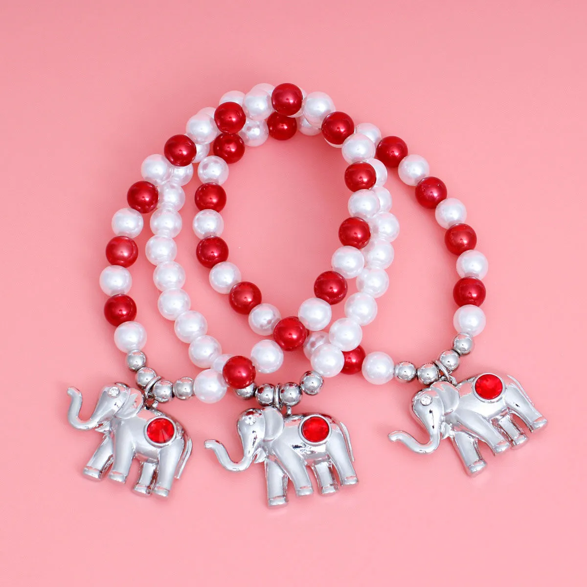 DST Inspired Red White Pearl Elephant Charm Bracelets