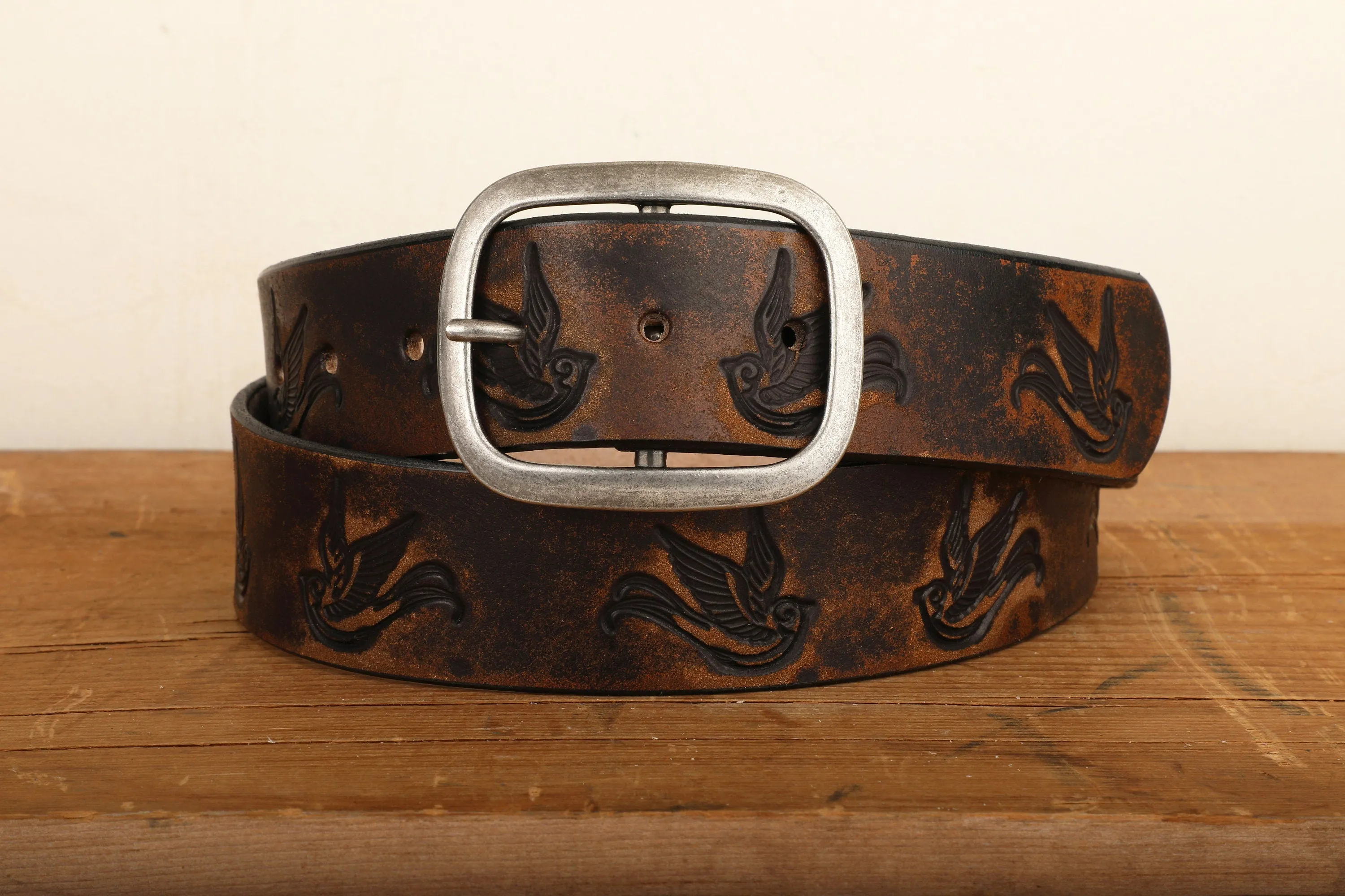 Embossed Sparrow Swallow Bird Vintage Aged Leather Belt in Black and Brown