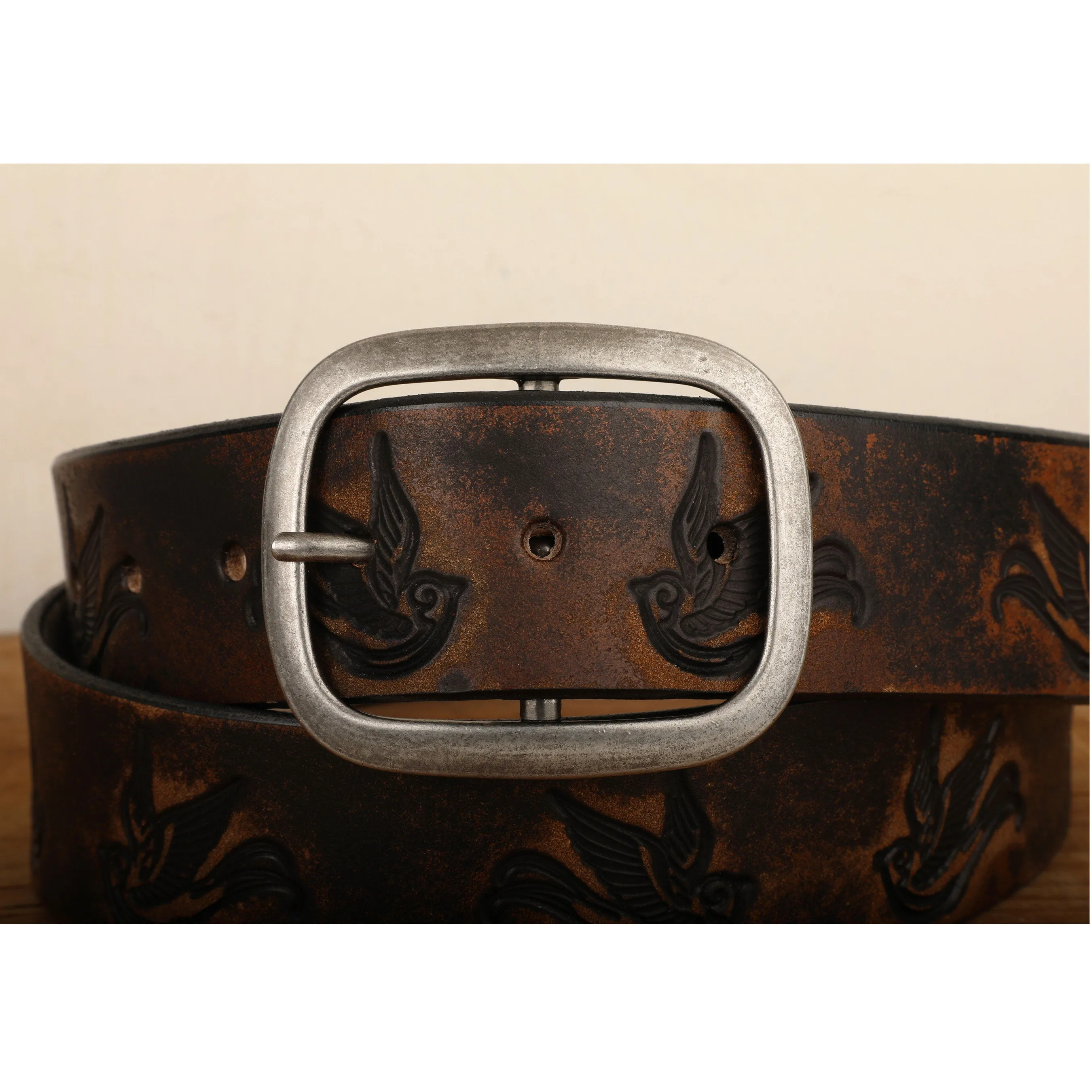 Embossed Sparrow Swallow Bird Vintage Aged Leather Belt in Black and Brown