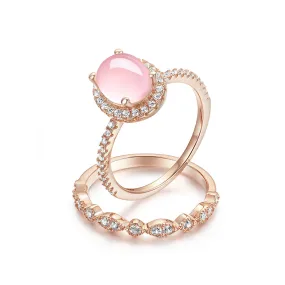 Endear Natural Rose Quartz Halo Oval-Cut Sterling Silver Two-Piece Stackable Ring Set in Rose Gold