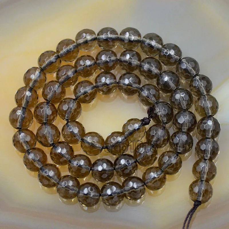 Faceted Natural Smoky Quartz Gemstone Round Loose Beads on a 15.5" Strand