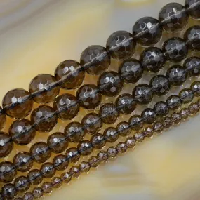 Faceted Natural Smoky Quartz Gemstone Round Loose Beads on a 15.5" Strand