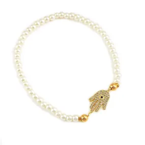 Faux Pearl Gold-Tone Crystal Hamsa Bracelet