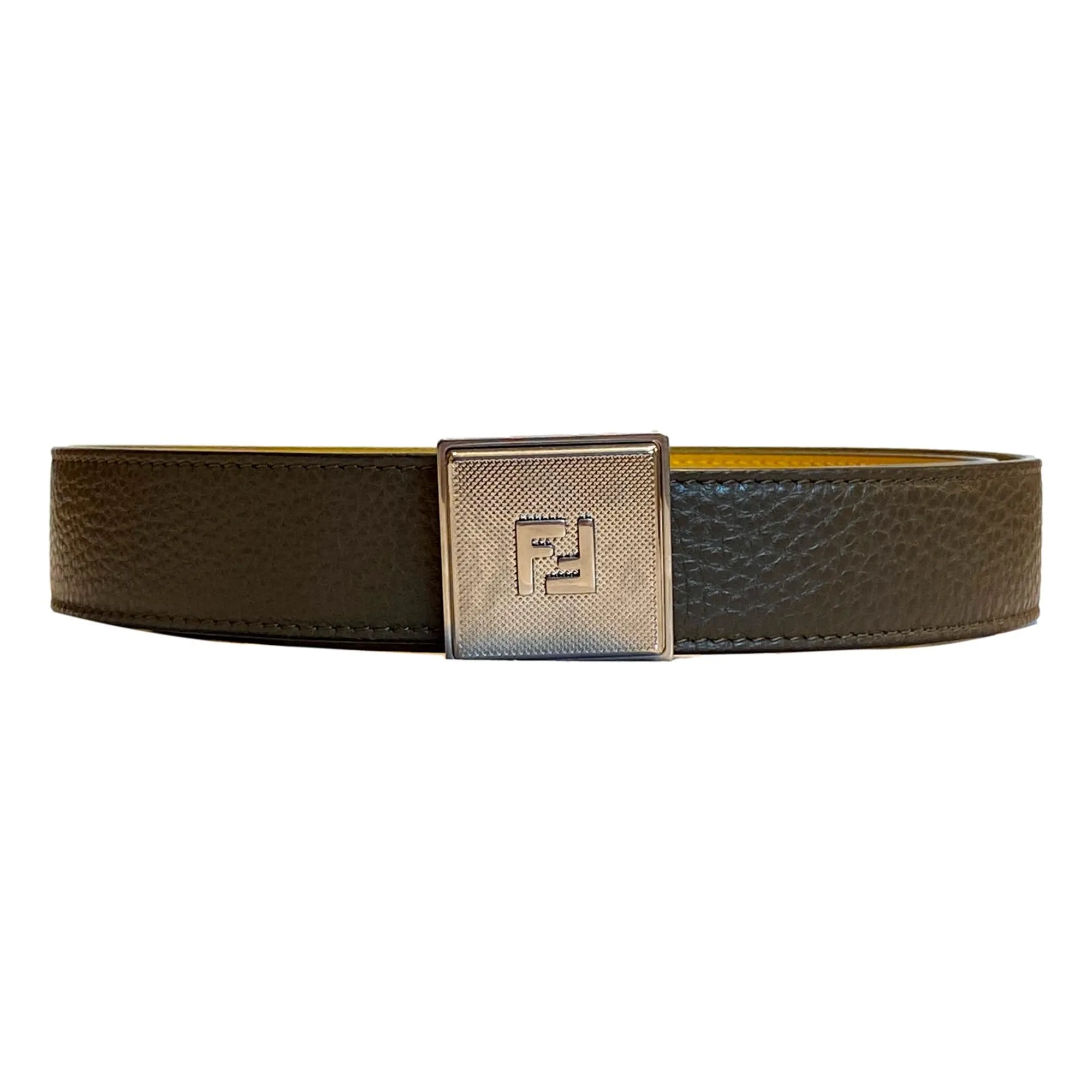 Fendi Mens Yellow Brown Reversible Grained Leather Belt 100