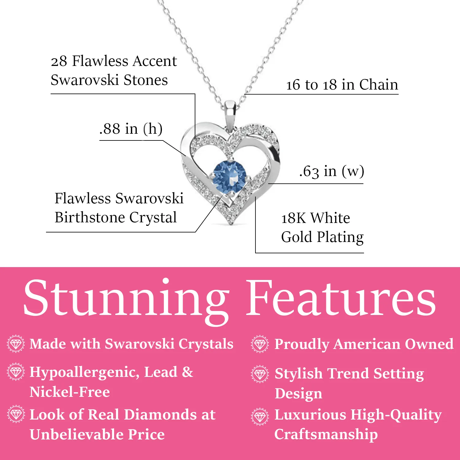 Forever December Birthstone 18k White Gold Plated Silver Double Heart Blue Topaz Necklace with Swarovski Crystals