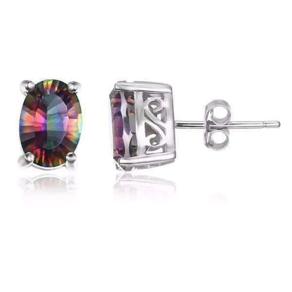 Genuine Rainbow Fire Mystic Topaz Oval Cut 5CTW IOBI Precious Gems Stud 925 Sterling Silver Earrings