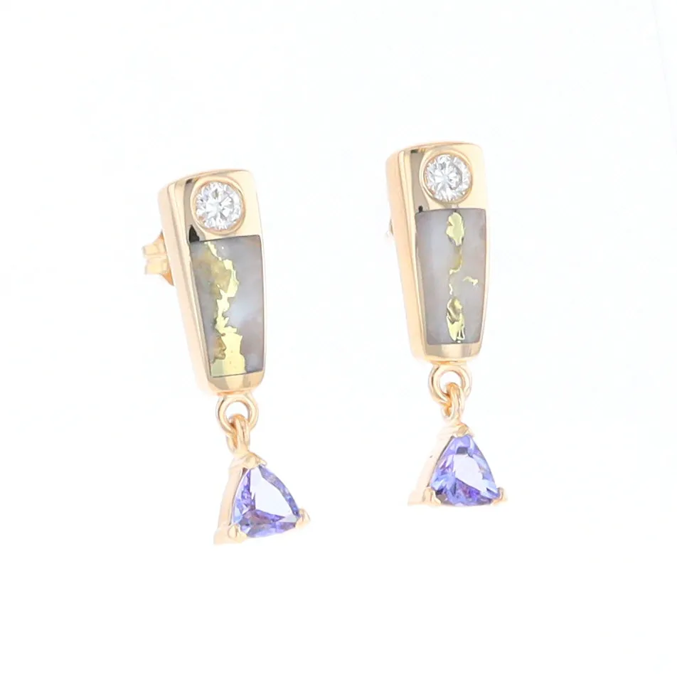 Gold Quartz Earrings Rectangle Inlaid Design with 0.11ct Diamonds & Trillion Cut Tanzanite