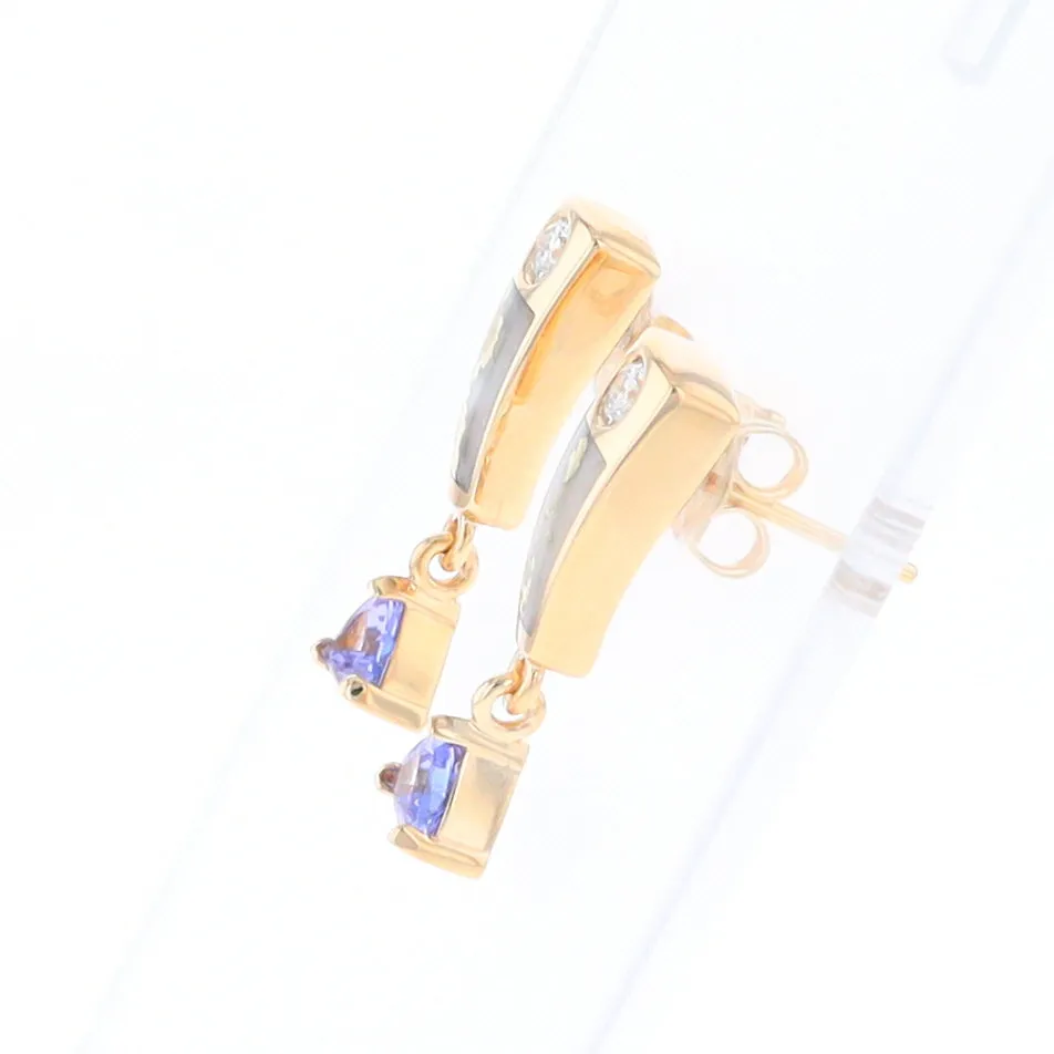 Gold Quartz Earrings Rectangle Inlaid Design with 0.11ct Diamonds & Trillion Cut Tanzanite