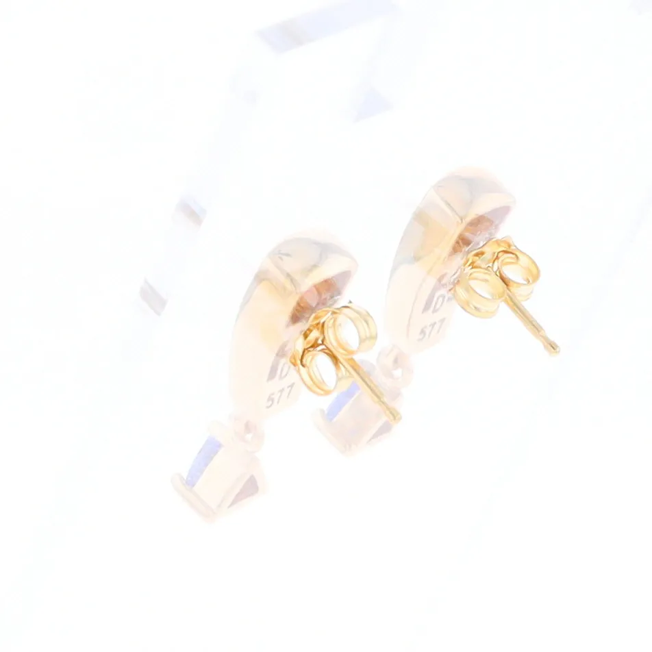 Gold Quartz Earrings Rectangle Inlaid Design with 0.11ct Diamonds & Trillion Cut Tanzanite