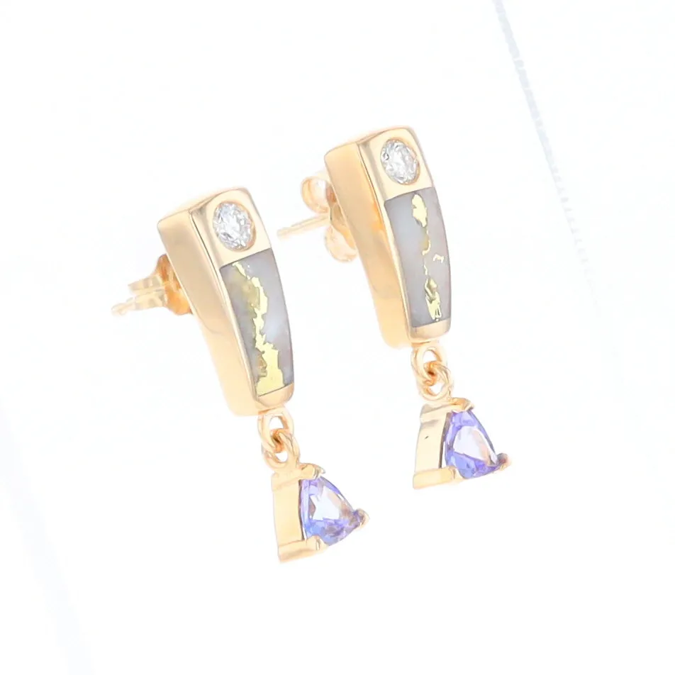 Gold Quartz Earrings Rectangle Inlaid Design with 0.11ct Diamonds & Trillion Cut Tanzanite