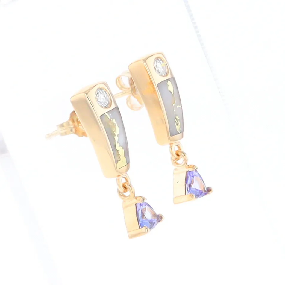 Gold Quartz Earrings Rectangle Inlaid Design with 0.11ct Diamonds & Trillion Cut Tanzanite