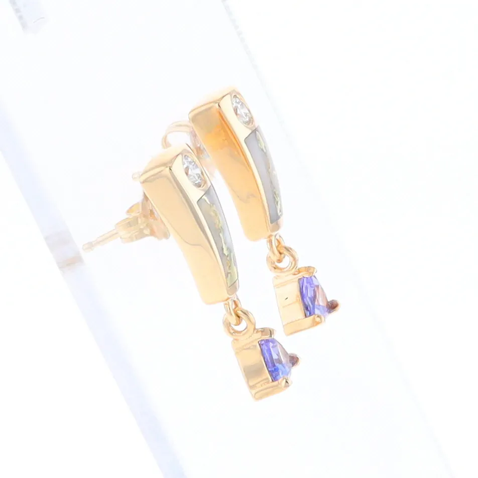 Gold Quartz Earrings Rectangle Inlaid Design with 0.11ct Diamonds & Trillion Cut Tanzanite