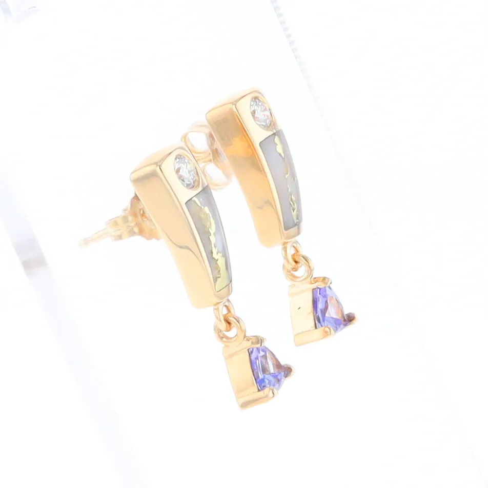 Gold Quartz Earrings Rectangle Inlaid Design with 0.11ct Diamonds & Trillion Cut Tanzanite