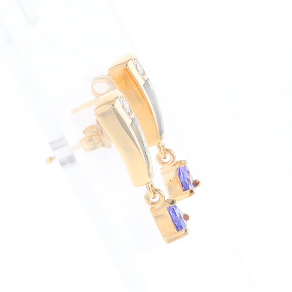 Gold Quartz Earrings Rectangle Inlaid Design with 0.11ct Diamonds & Trillion Cut Tanzanite